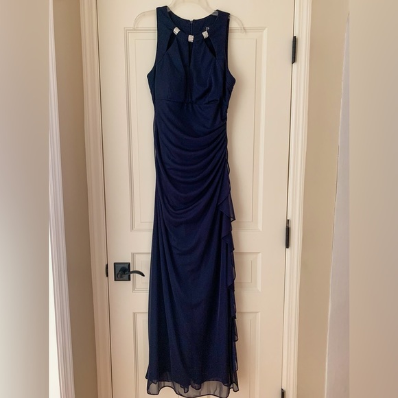 Betsy & Adam 💖 Rhinestone Accent Formal Ruched Navy Gown Womens 14 - Picture 4 of 16